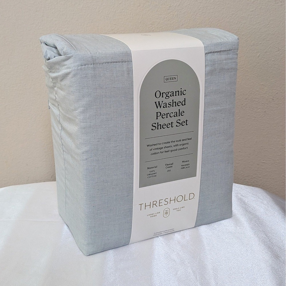 New Threshold Organic Cotton Washed Percale Sheet Set 4-Piece Queen Blue